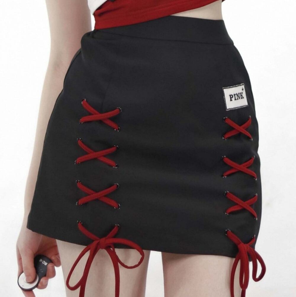 Pink Savior K-Pop Black Red Lace-up Detail Rock Skort Mini Skirt Size S NEW Tags